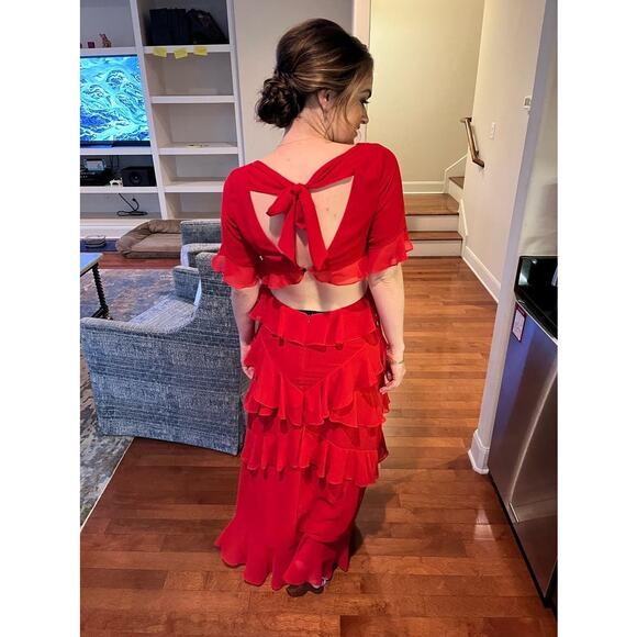 FAME & PARTNERS Red Chiffon Ruffle A-Line Mid-Cut Out Marse Gown Dress Size 2 - Picture 4 of 16